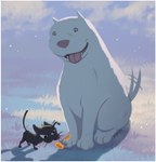 ambiguous_gender black_body black_fur cropped_ears duo feral fur grass paws plant sharp_teeth sitting tail tail_motion tailwag teeth tongue tongue_out toony whiskers white_body white_fur ezpups disney kitbull pixar canid canine canis domestic_cat domestic_dog felid feline felis mammal pit_bull hi_res