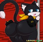 2024 absurd_res anthro atlus backsack balls belt big_balls big_butt biped black_body black_fur blue_eyes butt cat_tail digital_drawing_(artwork) digital_media_(artwork) domestic_cat english_text felid feline felis fur genitals half-closed_eyes hi_res huge_butt kerchief lemonlime looking_at_viewer male mammal markings mask megami_tensei megami_tensei_persona morgana_(persona) multicolored_body narrowed_eyes persona_(series) persona_5 pole presenting presenting_hindquarters sega smile solo tail tail_markings text thick_thighs tuxedo_cat two_tone_body white_body white_fur