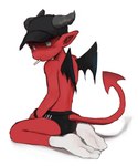 briefs candy clock clothing dessert food footwear hat headgear headwear horn kneeling lollipop male not_furry pointed_tail pointy_ears red_body red_skin socks solo underwear watch wings milkstore humanoid imp hi_res