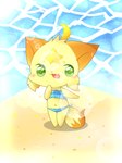 anthro beach bikini blue_bikini blue_clothing blue_swimwear blush brown_body brown_fur chibi clothing dipstick_tail female fur green_eyes kemono markings midriff navel open_mouth open_smile ruffled_bikini sand seaside side-tie_bikini side-tie_clothing side-tie_swimwear smile solo string_bikini swimwear tail tail_markings two-piece_swimsuit yellow_body yellow_fur young young_anthro deaic canid canine fox mammal 2015 absurd_res hi_res