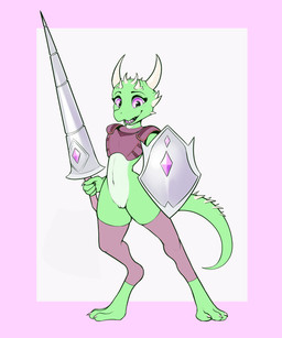 3_toes anthro armor bottomless claws clothed clothing countershade_torso countershading digitigrade feet female genitals green_body horn lance leather leather_armor leggings legwear melee_weapon navel open_mouth pink_eyes polearm shield smile solo spikes standing tail toes vulva weapon xzorgothoth kobold reptile scalie 5:6 absurd_res hi_res