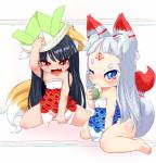 alternate_species black_hair blue_eyes blush chibi clothed clothing duo eating female food hair humanoidized long_hair open_mouth teeth white_hair ukan_muri sakame_(ukan_muri) tsune-hime animal_humanoid canid canid_humanoid canine canine_humanoid fox fox_humanoid humanoid mammal mammal_humanoid