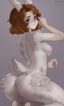 anthro big_breasts blue_eyes blush breasts brown_hair butt feet female fur grey_background grey_body grey_fur hair kneeling looking_at_viewer looking_back nipples nude pose simple_background smile smiling_at_viewer smirk solo iwbitu lagomorph leporid mammal rabbit 2022 digital_media_(artwork) hi_res shaded