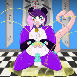 animal_genitalia animal_penis anthro bathroom blush bodily_fluids canine_genitalia canine_penis collar directional_arrow fur genital_fluids genitals graffiti hair kneeling kneeling_in_urine kneeling_on_ground male peeing penis penis_drawing phone_number pink_hair public public_exposure public_nudity public_restroom purple_body purple_fur purple_hair sign slightly_chubby solo text tongue tongue_out urine urine_on_chest urine_on_face urine_on_ground urine_on_hand urine_on_leg urine_pool urine_stream watersports foppydiskart ambient_among_us cool_s fop american_opossum mammal marsupial virginia_opossum 1:1 english_text hi_res