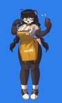 5_fingers ahoge anthro apron big_breasts black_body black_ears black_fur black_hair black_nose black_pawpads blue_background bracelet braided_hair braided_pigtails breasts cellphone claws clothed clothing electronics eyewear female female_anthro finger_claws fingerpads fingers footwear front_view fully_clothed fur glasses hair holding_cellphone holding_object holding_phone holding_smartphone humanoid_hands jewelry kemono long_hair monotone_hair monotone_tail multicolored_body multicolored_fur open_mouth open_smile orange_apron orange_clothing pattern_clothing pattern_shirt pattern_topwear pawpads phone pigtails scut_tail shirt shoes short_tail simple_background smartphone smile solo standing striped_clothing striped_shirt striped_topwear stripes tail teeth topwear two_tone_body two_tone_fur waiter white_body white_claws white_clothing white_fur white_inner_ear white_shirt white_tail white_topwear yellow_eyes furryjuana bear giant_panda mammal absurd_res colored digital_media_(artwork) full-length_portrait hi_res portrait shaded