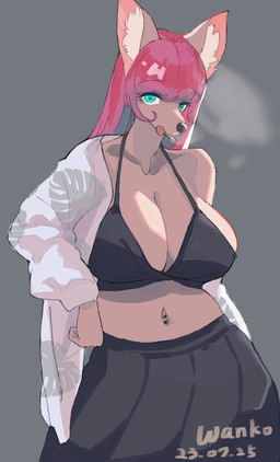 anthro big_breasts black_bikini_top black_bottomwear black_clothing black_skirt bottomwear breasts cigarette cigarette_in_mouth clothing female grey_background hair looking_at_viewer navel navel_piercing object_in_mouth piercing red_hair simple_background skirt solo wanko0487 mammal 2023 absurd_res digital_media_(artwork) hi_res