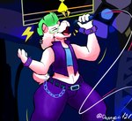 anthro belly big_butt black_clothing blush butt clothed clothing ear_piercing electronics eyes_closed eyewear fur glasses green_hair hair horn male mohawk open_mouth piercing pink_horn rock singing smile solo tail text white_body white_fur dannycris121 deltarune undertale_(series) ralsei bovid caprine goat mammal 2025 artist_name colored digital_drawing_(artwork) digital_media_(artwork) hi_res