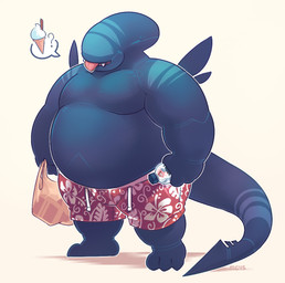 belly big_belly biped black_body bottomwear clothing dessert food humanoid_hands ice_cream male moobs overweight overweight_male question_mark shorts solo tongue tongue_out greenendorf alien_(franchise) alien xenomorph 2015