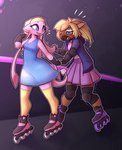 anthro blonde_hair blue_eyes bottomwear clothing cloven_hooves dress duo elbow_pads female hair hooves inline_skates knee_pads long_hair roller_skates skirt spots pinabble deer-spangle cephalopod cervine chital coleoid decapodiform deer mammal marine mollusk hi_res