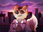 anthro city clothed clothing detailed_background lights male necktie solo suit sun sunset sharkall canid canine fox mammal procyonid raccoon 4:3 absurd_res hi_res icon