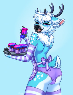 anthro apron black_horn blue_background blue_body blue_fur blush butt clothing cupcake eyelashes food fur hair half-closed_eyes holding_object horn legwear long_eyelashes looking_at_viewer looking_back looking_back_at_viewer male markings narrowed_eyes open_mouth open_smile panties purple_apron purple_clothing purple_legwear purple_panties purple_stockings purple_underwear rear_view short_tail simple_background smile solo spots spotted_body spotted_face spotted_fur spotted_hips spotted_shoulders standing stockings tail tuft underwear white_body white_fur white_hair konejo deer mammal 2024 colored digital_drawing_(artwork) digital_media_(artwork) hi_res shaded