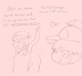 anthro anus backsack balls beanie belly brat_taming butt clothing duo genitals hair hair_over_eyes hat headgear headwear male male/male overweight presenting presenting_anus spade_tail tail text lxzylux bandai_namco digimon angoramon digimon_(species) impmon english_text hi_res