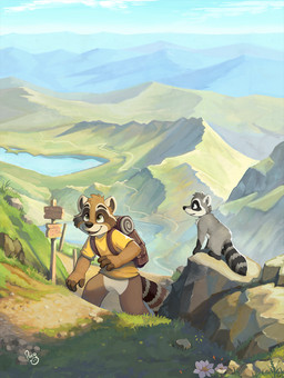 ambiguous_feral ambiguous_gender anthro backpack blue_eyes blue_sky bottomless brown_backpack brown_body brown_fur clothed clothing duo featureless_crotch feral front_view fur glistening glistening_eyes green_eyes hiking lake looking_up male male_anthro markings open_mouth open_smile shirt side_view sky smile standing striped_markings striped_tail stripes t-shirt tail tail_markings topwear white_body white_fur yellow_clothing yellow_shirt yellow_t-shirt yellow_topwear young young_anthro young_male pandapaco mammal procyonid raccoon hi_res