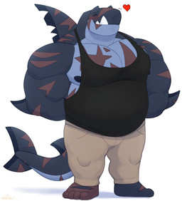 4_toes ^_^ anthro barefoot black_clothing black_nipples black_shirt black_topwear bottomwear clothed clothing dorsal_fin elbow_fin eyes_closed fangs feet fin grey_body hands_behind_back heart_symbol male muscular muscular_anthro muscular_arms muscular_male nipples non-mammal_nipples pants pecs scar scars_all_over shark_tail shirt simple_background smile solo standing tail tank_top teeth toes topwear white_background same22shark nelson_(same22shark) aquatic fish shark 2022 digital_media_(artwork) full-length_portrait hi_res portrait signature