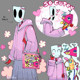 ambiguous_gender blush blush_lines bodily_fluids clothed clothing duo female grey_background hoodie mask purse simple_background simple_face smile sweat sweatdrop tears text topwear pankk0 glitch_productions the_amazing_digital_circus gangle_(tadc) zooble_(tadc) animate_inanimate humanoid living_mask living_toy 1:1 english_text hi_res nonbinary_(lore)