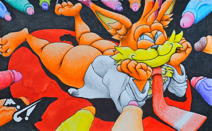 anthro blue_eyes butt erection genitals glans group lying male male/male multi_genitalia multicolored_penis necktie on_front penis smile smirk smug smug_face smug_grin vein veiny_penis marthan_crowl_(artist) bubsy_(series) bubsy_4d knife_cat bubsy_bobcat bobcat felid feline lynx mammal absurd_res hi_res meme traditional_media_(artwork)