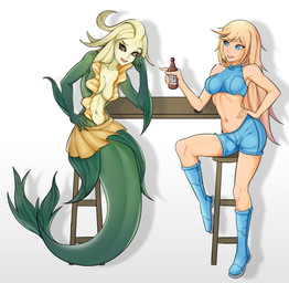 alcohol beer beer_bottle beverage bottle bottomwear clothing container duo female female/female hair_down interspecies loose_hair shirt shorts sitting skirt split_form tank_top topwear weelzelu league_of_legends metroid nintendo riot_games tencent nami_(lol) samus_aran aquatic human humanoid mammal merfolk crossover hi_res