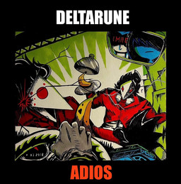 ambiguous_gender anthro banana black_border blood bodily_fluids border cracked_glass driving_car female first_person_view food fruit grin group hair hair_over_eyes human_pov machine male mirror parody plant platter red_eyes reflection screen_eyes smile text gucciflipflop2407 adios_(kmfdm_album) deltarune kmfdm undertale_(series) kris_dreemurr queen_(deltarune) avian darkner human humanoid mammal robot robot_humanoid swatchling album_cover colored cover hi_res spanish_text traditional_media_(artwork)
