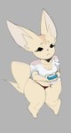 anthro breasts brown_body brown_fur cellphone cleavage clothed clothing electronics feet female fur phone shirt short_stack small_feet smartphone solo thick_thighs thong topwear underwear rottenarmor aggretsuko sanrio fenneko canid canine fennec_fox fox mammal true_fox hi_res