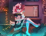 alternative_fashion anthro bow_tie clothed clothing computer detailed_background electronics femboy gesture hand_gesture j-fashion lolita_(fashion) maid_uniform male sitting solo uniform v_sign lemeonlemon nintendo pokemon generation_7_pokemon lycanroc midnight_lycanroc pokemon_(species) hi_res