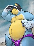 anthro arm_tuft beach belly_tuft black_body black_fur black_nose blue_body blue_fur blue_sky bulge chest_tuft clothed clothing cloud elbow_tuft fist fur gesture head_tuft looking_aside male multicolored_body multicolored_fur navel neck_tuft outside overweight overweight_anthro overweight_male pawpads purple_clothing purple_speedo purple_swimwear salute sand seaside sky smile solo speedo standing swimwear tan_body tan_fur topless topless_anthro topless_male tuft white_body white_fur k-9 bluey_(series) bandit_heeler australian_cattle_dog canid canine canis cattledog domestic_dog herding_dog mammal pastoral_dog 2021 hi_res signature