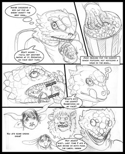 anthro black_border border bovid_horn bovine_horn buckteeth claws cow_horn dialogue ear_piercing ears_down female feral food group horn licking licking_lips licking_own_lips male markings mole_(marking) philtrum piercing pivoted_ears popcorn question_mark scales teeth text tongue tongue_out whiskers arania the_cabin_in_the_woods_(arania) amanda_(tcitw) eveleen_(tcitw) jack_(tcitw) suki_(tcitw) animal_humanoid armadillo_girdled_lizard bovid bovid_humanoid bovine bovine_humanoid cattle_humanoid felid girdled_lizard humanoid lagomorph leporid lion lizard mammal mammal_humanoid pantherine rabbit reptile scalie worm comic english_text greyscale hi_res monochrome
