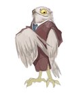 anthro brown_clothing brown_suit clothed clothing feathered_wings feathers male necktie simple_background solo suit white_background wings yellow_eyes jam_uo avian bird owl 2021 hi_res