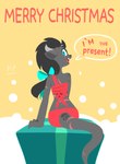 ambiguous_gender anthro clothed clothing dialogue gift grey_body horn looking_at_viewer looking_back looking_back_at_viewer merry_christmas midriff sitting solo speech_bubble text hydrabb nia_(hydrabb) reptile scalie 2021 absurd_res digital_media_(artwork) english_text hi_res lineless