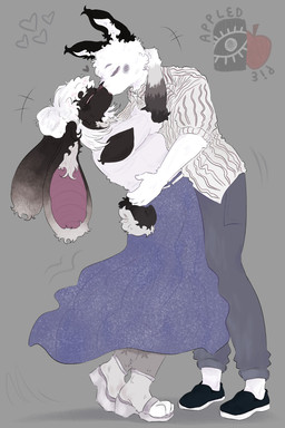 anthro black_body black_fur black_nose blush bottomwear breasts clothing duo eyes_closed female floppy_ears footwear fur gradient_fur hair hand_on_hip hand_on_neck heart_symbol inner_ear_fluff kissing leaned_back long_ears long_skirt love male male/female pattern_clothing pattern_shirt pattern_topwear pink_nose scut_tail shirt shoes short_tail skirt striped_clothing striped_shirt striped_topwear stripes tail topwear tuft white_body white_clothing white_fur white_hair white_shirt white_topwear appledpie ashley_(huf13) jack_kel_(huf13) lagomorph leporid mammal rabbit 2:3 absurd_res hi_res watermark