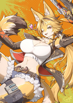 abstract_background anthro armwear big_breasts bottomwear breasts choker cleavage cleavage_cutout clothed clothing cutout detached_sleeves female fur green_eyes hair heart_symbol highlights_(coloring) hotpants inner_ear_fluff jacket jewelry markings midriff mole_(marking) navel neck_tuft necklace one_eye_closed open_mouth orange_body orange_fur orange_hair ponytail pupils shirt shorts slit_pupils solo striped_body striped_fur stripes tail tank_top topwear tuft weapon white_body white_clothing white_fur white_shirt white_tank_top white_topwear wink xoty_233 mihoyo zenless_zone_zero pulchra_fellini felid feline mammal thiren hi_res