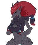 3_fingers anthro anthrofied arms_bent bedroom_eyes big_breasts bikini biped black_body black_fur black_hair black_highlights blue_eyes breasts claw_fingers claws clothed clothed_anthro clothed_female clothing cute_fangs eye_markings eyelashes fangs female female_anthro fingers fur fur_tuft glistening glistening_body glistening_eyes glistening_fur grey_body grey_fur hair hand_on_breast heart_cutout highlights_(coloring) inner_ear_fluff kemono leg_tuft looking_at_viewer markings micro_bikini narrowed_eyes navel neck_tuft open_mouth open_smile pattern_bikini pattern_clothing pattern_swimwear pink_tongue pokemorph pseudo_clothing pupils red_claws red_hair red_inner_ear red_inner_ear_fluff ruff seductive simple_background smile smug smug_face snout solo striped_bikini striped_clothing striped_swimwear stripes swimwear teeth three-quarter_view tongue torn_clothing tuft two-piece_swimsuit white_background white_sclera est nintendo pokemon generation_5_pokemon pokemon_(species) zoroark 2025 absurd_res digital_media_(artwork) hi_res portrait shaded three-quarter_portrait