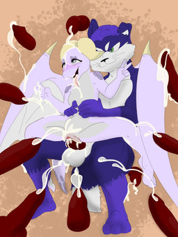 ahegao animal_genitalia animal_penis anthro blue_body blue_fur blue_hair bodily_fluids bukkake canine_genitalia canine_penis cum cum_in_vagina cum_inside cum_on_body cum_on_face duo excessive_cum excessive_genital_fluids female from_behind_position fur genital_fluids genitals gesture grabbing_from_behind green_eyes grey_eyes hair hand_gesture horn looking_pleasured male male/female multi_genitalia multi_penis penetration penis purple_body red_penis scales sex size_difference tongue tongue_out v_sign vaginal vaginal_penetration vulva white_body white_fur wings yellow_horn orija lvcifer sophia_hathor canid canine canis domestic_cat domestic_dog felid feline felis hybrid kobold mammal scalie winged_kobold 3:4 hi_res