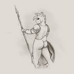 anthro armor bottomless butt clothed clothing ear_piercing half_naked horn looking_at_viewer looking_back male melee_weapon nude partially_clothed piercing polearm shield smile solo spear weapon cabura sorin_(cabura) bovid caprine goat mammal