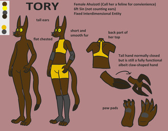 brown_claws claws clothing female flat_chested grey_pawpads pawpads solo tail tail_hand text toeless_legwear unusual_anatomy unusual_tail yellow_clothing yellow_sclera trinitite tory_(trinitite) ahuizotl english_text model_sheet