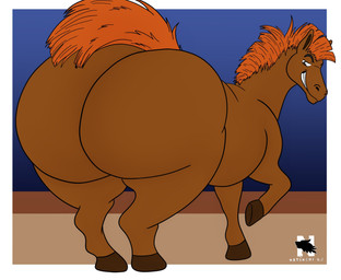 all_fours big_butt butt clenched_teeth feral fur half-closed_eyes hooves huge_butt looking_back male mane narrowed_eyes nude rear_view smile smirk solo tail teeth zangokunatenshi the_three_bogatyrs julius_the_horse equid equine horse mammal 2026 hi_res signature