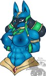 anthro areola big_breasts black_body black_fur blue_areola blue_body blue_fur blue_nipples breasts clothing egyptian egyptian_clothing female fur holowear_(pokemon) looking_at_viewer muscular muscular_anthro muscular_female nipple_piercing nipples nude piercing red_eyes simple_background solo slimewendigo nintendo pokemon pokemon_unite ruins_style_lucario generation_4_pokemon lucario mammal pokemon_(species) absurd_res hi_res