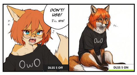 :o animalization anthro black_clothing black_shirt black_topwear blue_eyes bodily_fluids border brown_body brown_fur clothes_writing clothing commentary dialogue double-parted_bangs english_commentary eyewear fangs female flying_sweatdrops fur glasses hair hair_between_eyes inner_ear_fluff open_mouth orange_hair shirt short_hair short_sleeves single_off_shoulder sitting speech_bubble sweat sweatdrop teeth text topwear tuft v-shaped_eyebrows white_border lilkon dlss5_(meme) owo_whats_this yumi_(lilkon) canid canine fox mammal 2koma comic english_text half-length_portrait meme portrait