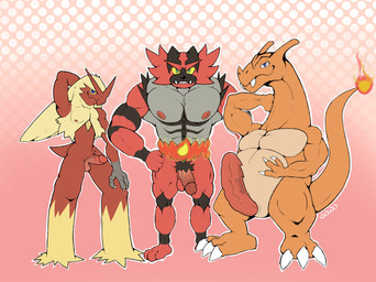 anthro armpit_fetish balls beak big_penis blue_eyes claws erection fangs feathers fire fur genitals green_eyes group hand_on_hip hands_behind_back huge_penis humanoid_genitalia humanoid_penis looking_at_viewer male male/male muscular muscular_anthro muscular_male nipple_piercing nipples non-mammal_balls non-mammal_nipples nude orange_body penis piercing pubes red_body simple_background smile tail teeth toe_claws trio yellow_eyes sowo mythology nintendo pokemon avian bird blaziken charizard chicken dragon felid galliform generation_1_pokemon generation_3_pokemon generation_7_pokemon incineroar mammal mythological_creature mythological_scalie phasianid pokemon_(species) reptile scalie hi_res