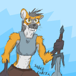 anthro bottomwear claws clothed clothing eye_scar eyebrows eyelashes facial_scar facial_tuft fangs fantasy female fur grey_hair hair head_tuft mane mature_female melee_weapon muscular muscular_female orange_body orange_fur pants sabertooth_(anatomy) scar shirt short_hair smile smirk solo sword tank_top teeth topwear tuft weapon whiskers white_body white_fur yellow_eyes sabrecheeta felid mammal pantherine prehistoric_species saber-toothed_tiger 1:1 digital_drawing_(artwork) digital_media_(artwork) hi_res krita_(artwork)