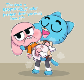 anthro big_diaper blue_body blue_fur blue_text blush carrying_another clothing cradling diaper diaper_fetish duo embarrassed eyes_closed female floppy_ears footwear fur furgonomics grey_wall male male/female open_mouth orange_clothing orange_sweater orange_topwear pink_body pink_fur pointy_ears poof_effect prick_ears question_mark shadow sweater text tilde_after_text topwear white_clothing white_footwear white_text_border young tenerius cartoon_network the_amazing_world_of_gumball anais_watterson gumball_watterson domestic_cat felid feline felis lagomorph leporid mammal rabbit hi_res brother_(lore) brother_and_sister_(lore) sibling_(lore) sister_(lore)