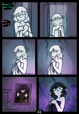 anthro biped breasts dialogue eyes_closed female fingers front_view fur hair inside picture_frame piercing solo speech_bubble standing teeth text mewgle deer mammal 2026 comic digital_drawing_(artwork) digital_media_(artwork) english_text hi_res