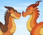 blue_eyes brown_eyes cloud duo eye_contact feral looking_at_another sky smile joseph_biden2020 mythology wings_of_fire clay_(wof) peril_(wof) dragon mudwing_(wof) mythological_creature mythological_scalie scalie skywing_(wof)