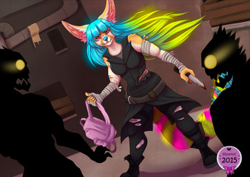 5_fingers alley anthro backpack bandage belt blonde_hair blood blue_hair blue_nose bodily_fluids breasts clenched_teeth clothed clothing fangs female fight fingers fur glowing glowing_eyes group hair half-closed_eyes knife long_hair looking_at_viewer multicolored_body multicolored_fur multicolored_hair multicolored_tail narrowed_eyes outside pink_eyes pink_tail silhouette solo_focus sparklefur standing striped_body striped_fur stripes tail tan_body tan_fur teeth torn_clothing two_tone_body two_tone_fur white_body white_fur yellow_tail quartzz canid canine fox mammal monster unknown_species 2015