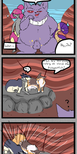 ambiguous_gender animal_genitalia balls blush bodily_fluids brown_body brown_fur dialogue feral fully_sheathed fur genitals grey_body grey_fur grey_skin group hand_holding male markings mostly_nude motion_lines nose_to_nose orange_eyes orange_markings pink_body pink_fur purple_body purple_fur purple_scales red_eyes scales scarf scarf_only sheath simple_background sparkles speech_bubble standing sweat sweatdrop text white_markings yellow_eyes yellow_markings welcometaco nintendo pokemon pokemon_mystery_dungeon spike_chunsoft ekans generation_1_pokemon generation_2_pokemon generation_3_pokemon gengar medicham pokemon_(species) quilava 4koma absurd_res comic english_text hi_res