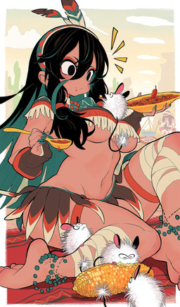 ambiguous_gender barefoot black_eyes black_hair breasts campfire corn cutlery eating eyelashes feather_accessory feet female feral food fur group hair holding_object kitchen_utensils native_american navel plant sitting size_difference spoon standing_on_another standing_on_breasts tail tools under_boob white_body white_fur gashi-gashi human mammal mouse murid murine rodent 2025 hi_res