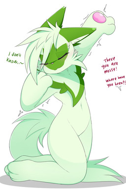 anthro anthrofied dialogue eyes_closed female fur green_body green_fur green_hair hair navel offscreen_character on_lap pawpads pokemorph simple_background solo stretching stretching_arms tail text thick_thighs white_background wide_hips nakachidragon nintendo pokemon mossy_(naka) generation_9_pokemon pokemon_(species) sprigatito 2026 digital_media_(artwork) english_text hi_res