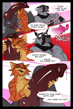 anal anal_penetration animal_genitalia animal_penis anthro anthro_on_anthro anthro_penetrated anthro_penetrating anthro_penetrating_anthro anus arm_wrapping arm_wraps balls belt big_penis blush bodily_fluids body_hair bottomwear canine_genitalia canine_penis cheek_tuft chest_hair chin_tuft claws clothing darkened_balls darkened_genitalia defeated dialogue dominant dominant_male dripping duo ears_down erection eyes_closed facial_markings facial_tuft fangs from_front_position fur fuzzy gag genital_fluids genitals green_eyes grey_body grey_fur hand_on_penis hands_together head_markings head_tuft holding_another's_penis holding_penis improvised_gag internal internal_anal knot larger_male larger_penetrated larger_sub licking looking_pleasured lying male male/male male_penetrated male_penetrating male_penetrating_male markings mask_(marking) muzzle_(object) muzzled narrowed_eyes nervous nipples on_back open_mouth open_smile oral orange_body orange_fur pants pawpads penetration penile penile_penetration penile_spines penis penis_lick penis_size_difference pivoted_ears precum precum_drip prodding prostate prostate_stimulation saliva saliva_on_penis saliva_string sex shy size_difference smaller_male smile speech_bubble submissive submissive_male surprised tears teeth text tied_muzzle tongue tongue_out torn_bottomwear torn_clothing torn_pants tuft undersized_oral whisker_spots wide_eyed wrapped_arms wraps ksejl dreamworks puss_in_boots_(franchise) death_(puss_in_boots) puss_in_boots_(dreamworks) canid canine canis domestic_cat felid feline felis mammal tabby_cat wolf 2:3 comic english_text hi_res