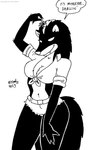 anthro bottomwear breasts cleavage clothed clothing daisy_dukes denim denim_bottomwear denim_clothing denim_shorts dialogue female hotpants midriff mistletoe navel plant shorts solo tail text tegerio zandar's_saga catherine_o'daisies mammal mephitid skunk 2023 black_and_white english_text hi_res monochrome