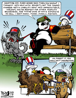 ambiguous_gender american_flag anthro asian_clothing beak bench black_body black_fur brown_body brown_feathers brown_fur china chinese_clothing chinese_flag claws clothing east_asian_clothing feathers feral fur grass grey_body grey_fur group hat headgear headwear israel israeli_flag leash male military military_hat military_helmet north_korea north_korean_flag open_mouth plant political_cartoon politics sitting speech_bubble text united_states_of_america ushanka white_body white_feathers white_fur yellow_beak 9mmballpoint israeli-palestinian_conflict accipitrid accipitriform avian bald_eagle bear bird canid canine canis domestic_dog eagle giant_panda mammal sea_eagle 2019 digital_drawing_(artwork) digital_media_(artwork) english_text