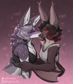 anthro blush bodily_fluids clothing duo female female/female janetzephyr kiss_on_lips kissing lingerie saliva saliva_on_tongue underwear kanaloa68 namaka bat canid canine canis coyote mammal half-length_portrait hi_res portrait